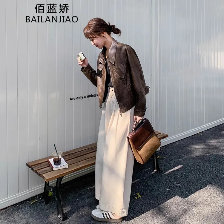 咖色短款皮衣外套女春秋2025新款港风复古高级感显瘦PU皮夹克上衣