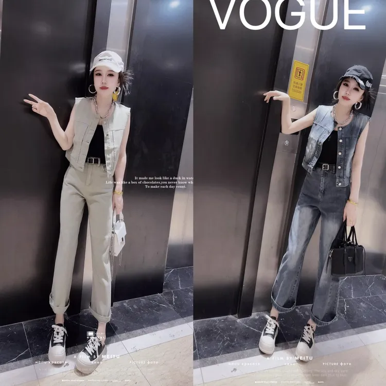 8291新款春季时尚牛仔套装 春夏轻奢复古港风百搭薄款九分牛仔裤