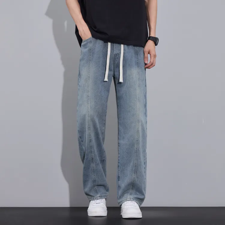【壹川】2025新款美式复古抽绳牛仔裤男宽松高街休闲港风百搭直筒裤