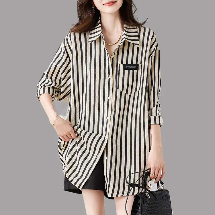 2025早秋季新款女士条纹长袖衬衫高级感洋气减龄宽松大码显瘦上衣