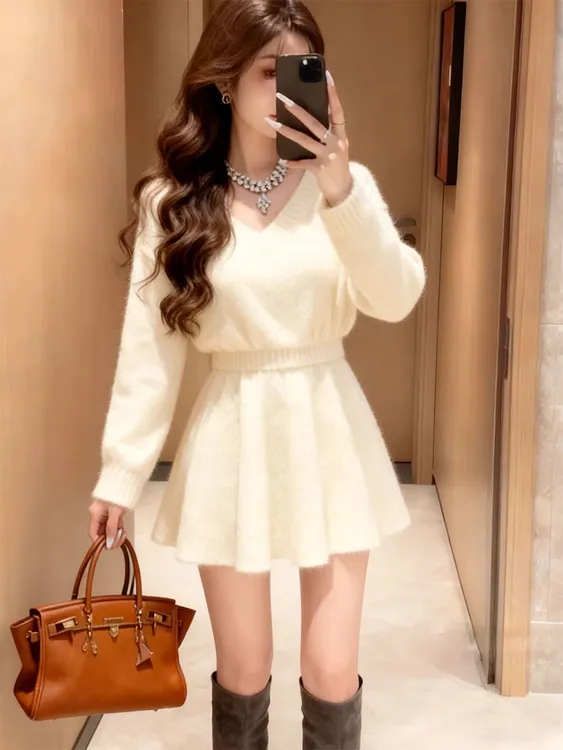 韩系秋冬穿搭一整套女超好看气质v领针织毛衣小香风包臀裙两件套