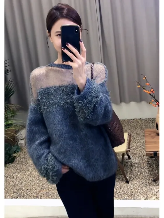 韩系氛围感早秋穿搭上衣小众不撞款洋气减龄软糯慵懒风灰色毛衣女