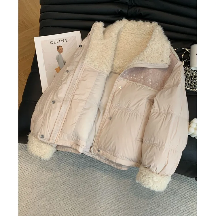 短款羊羔毛拼接棉服女2025冬季宽松小个子设计感大码显瘦减龄外套