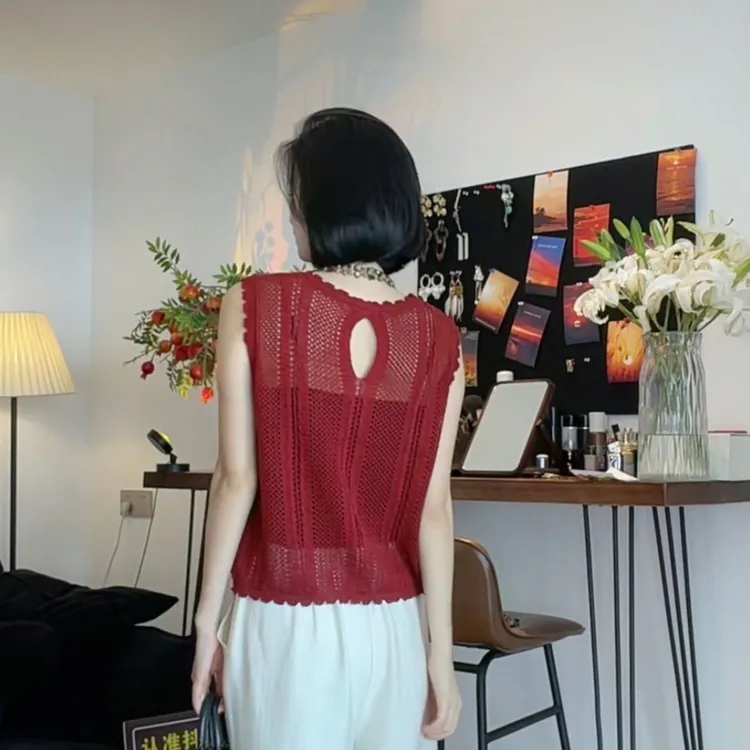 薄款镂空亚麻天丝针织衫女夏季设计感小众独特小香风无袖上衣背心