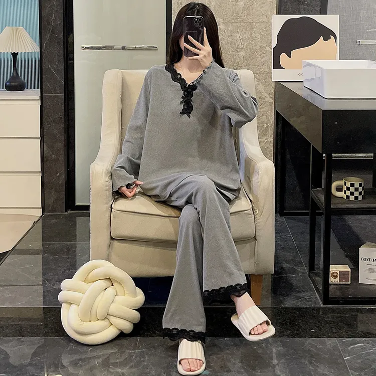 睡衣女春秋季长袖大码德绒2025新款加厚保暖深灰蕾丝边套装家居服