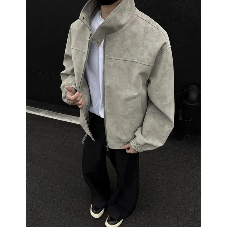 扎染pu皮衣短款外套男士重磅立领美式高级感棒球服cleanfit皮夹克