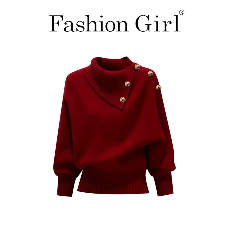 美拉德红色轻熟风翻领毛衣女秋冬高级感慵懒老钱风针织衫内搭上衣