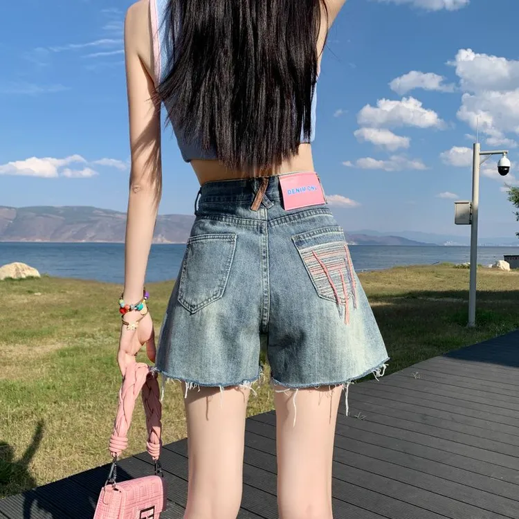 拉夏贝尔美式复古刺绣牛仔短裤女夏天外穿时尚高腰小个子百搭热裤