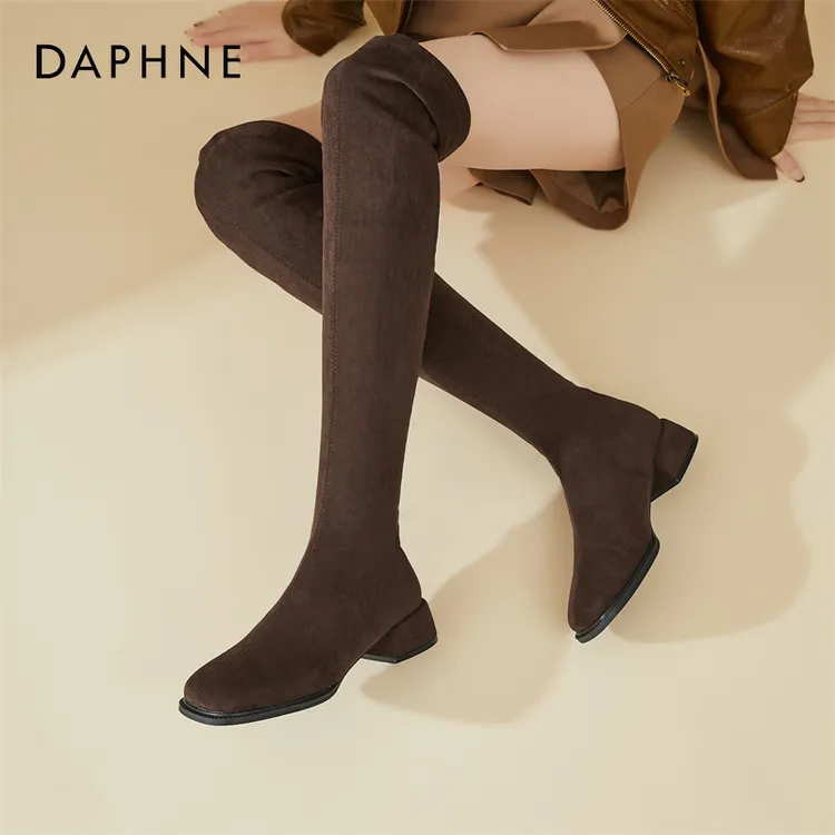 Daphne/达芙妮过膝长靴女黑色性感瘦瘦靴秋冬加绒粗跟时尚骑士靴