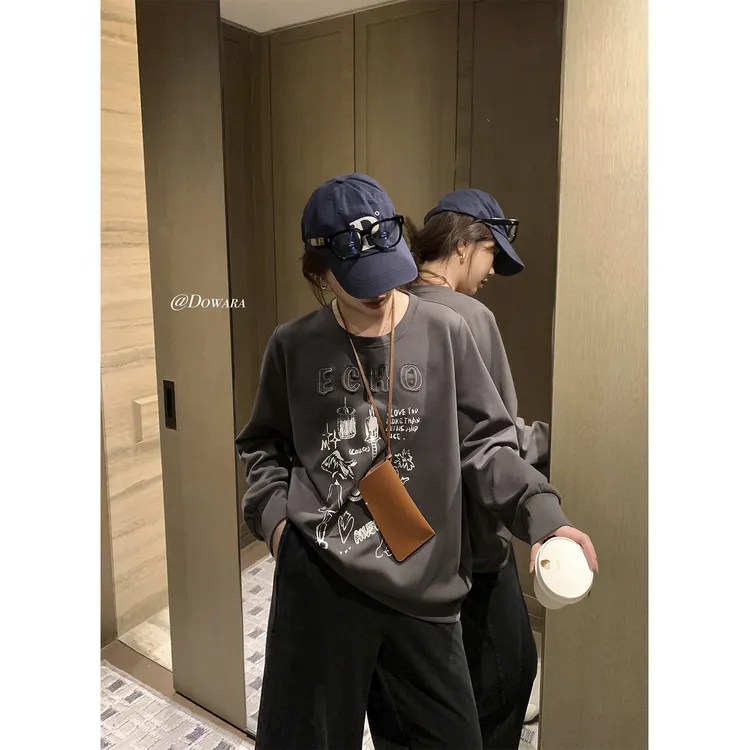 大婉酱微胖定制韩系卡通印花卫衣早秋休闲时尚百搭减龄上衣2646D