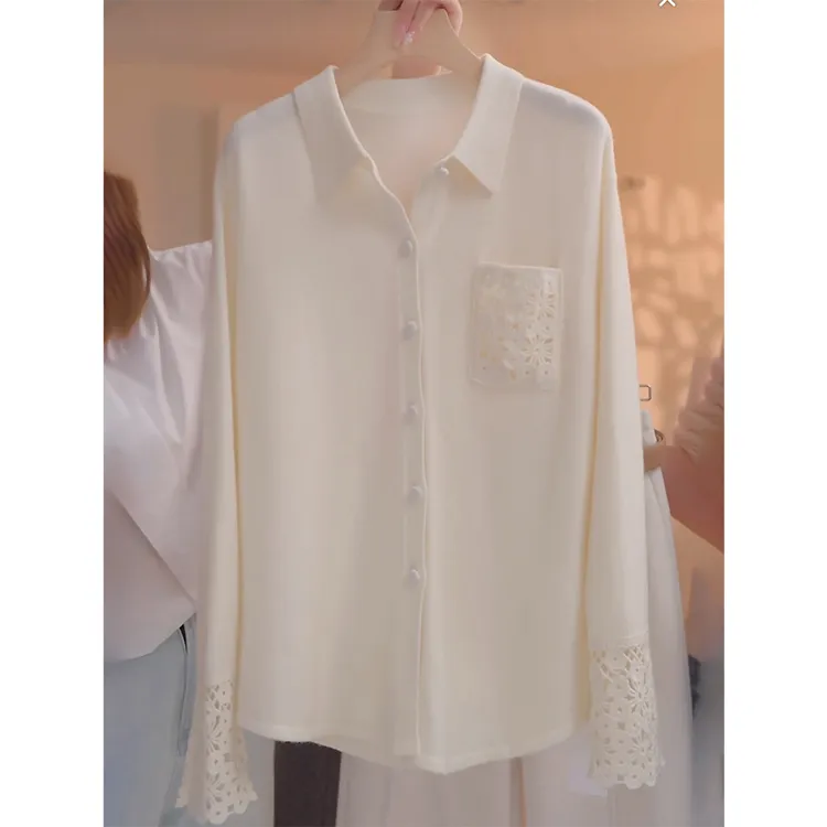 秋冬慵懒风白色衬衫女士时尚高级感镂空钩花减龄洋气显瘦衬衣上衣