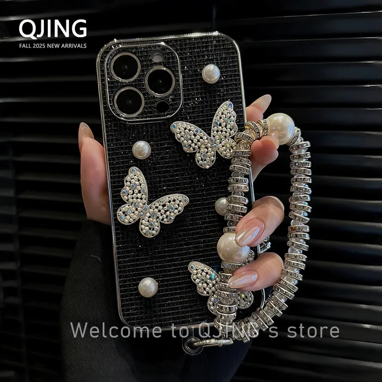 适用于苹果17/14pro珍珠蝴蝶手机壳13个性网红11/12/15创意流行女