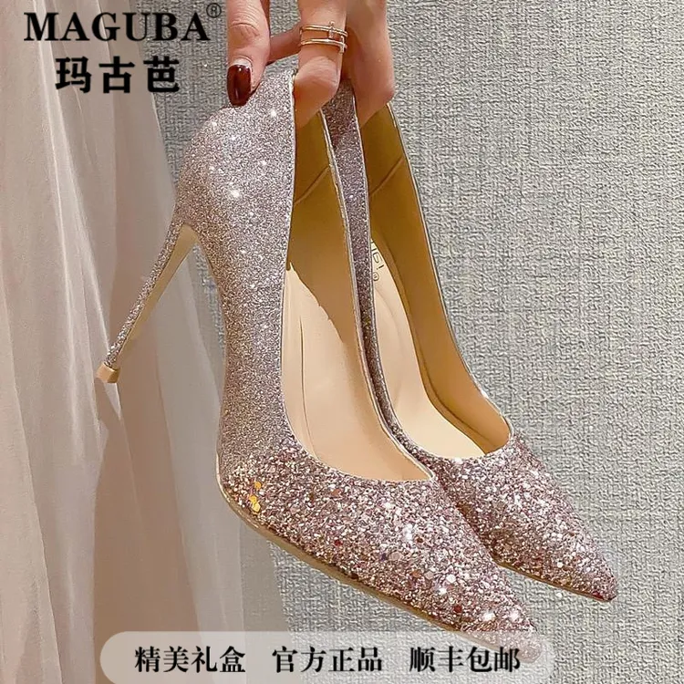 亮片细跟高跟鞋法式时尚气质伴娘新娘宴会高跟婚鞋