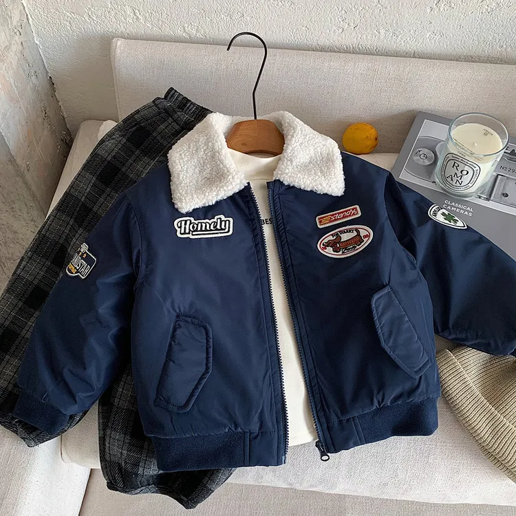 儿童棉服2025冬季新款男童夹克棉衣羊羔毛翻领童装加厚夹棉夹克潮