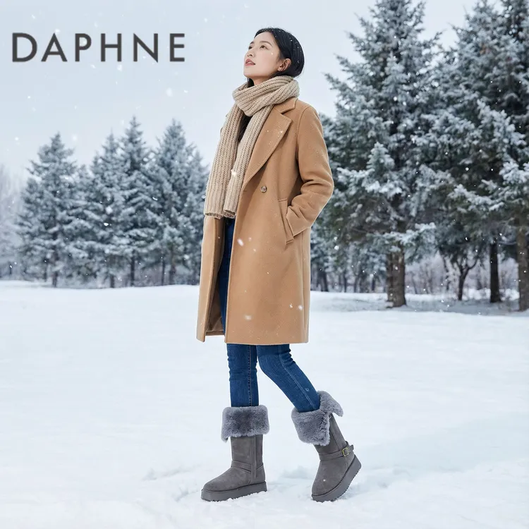 达芙妮新款时尚厚底增高翻折两穿加绒加厚女靴舒适保暖长筒雪地靴