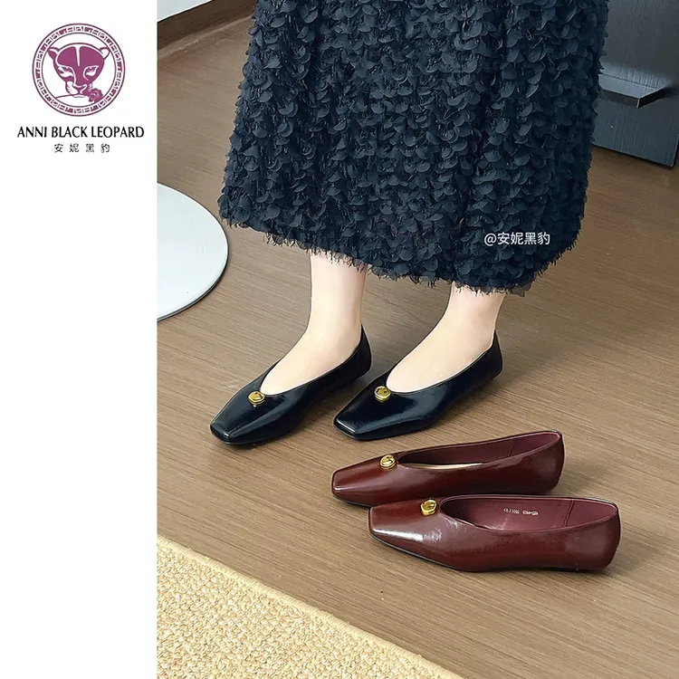 安妮黑豹气质浅口单鞋女新款百搭小香风平底一脚蹬奶奶鞋通勤女鞋