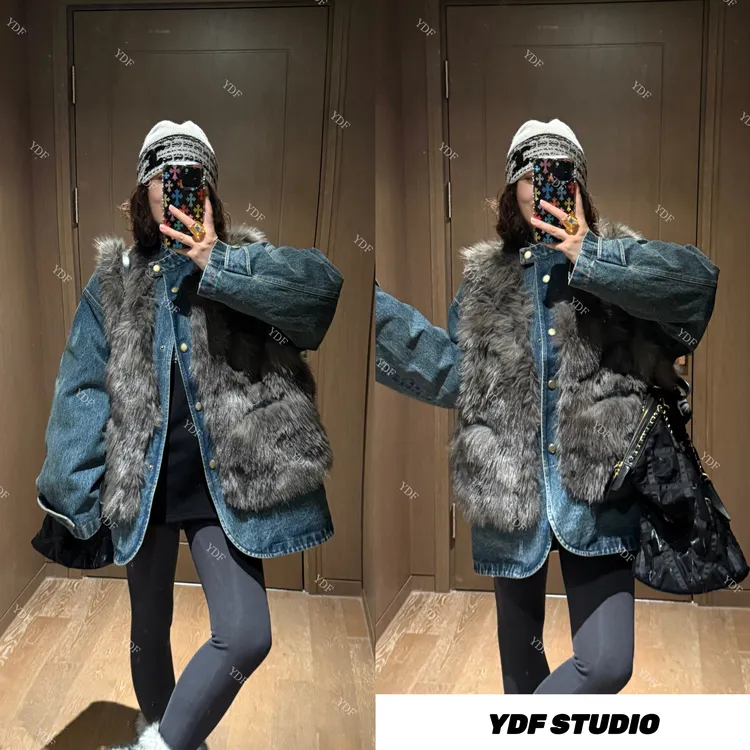 YDFSTUDIO小众【高光时刻】欧货高品重工牛仔拼接毛毛设计90羽绒服