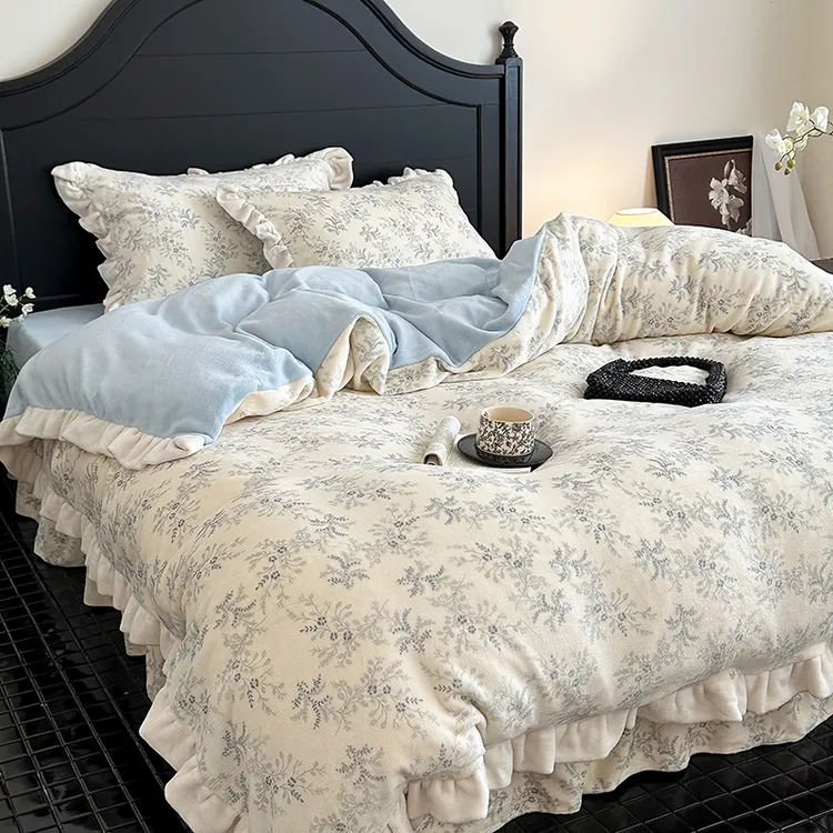 法式牛奶绒床上四件套冬季花边珊瑚绒加厚被套双面加绒床单人床品