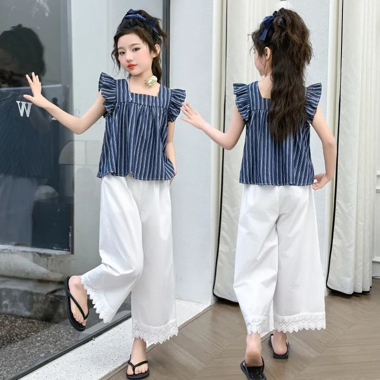 女童套装洋气夏装6-12岁新款女孩条纹娃娃衫夏季薄款九分裤两件套