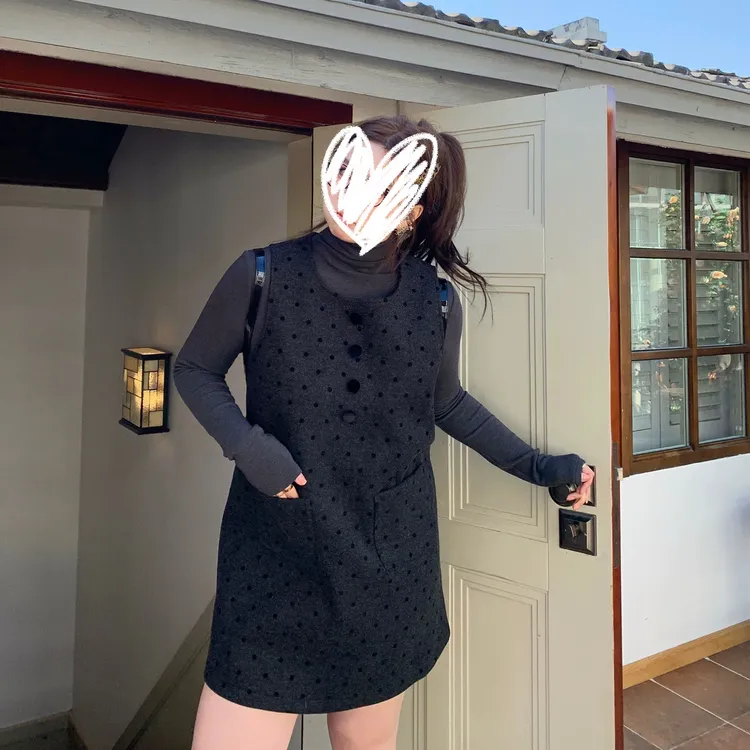 大码胖mm秋冬加绒加厚波点背带连衣裙毛呢中长款气质直筒裙