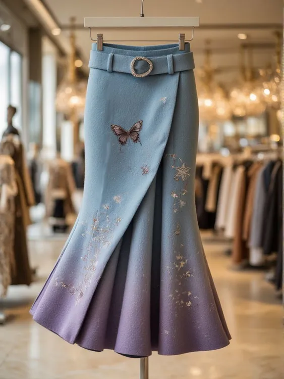 时尚复古䣭渐变色蝴蝶印花毛呢半身裙女2025新款设计感高腰鱼尾裙