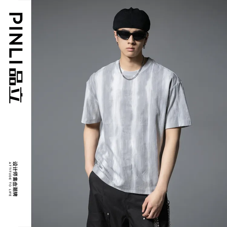PINLI品立2025夏季新款男士圆领扎染短袖T恤上衣体恤GD252111194
