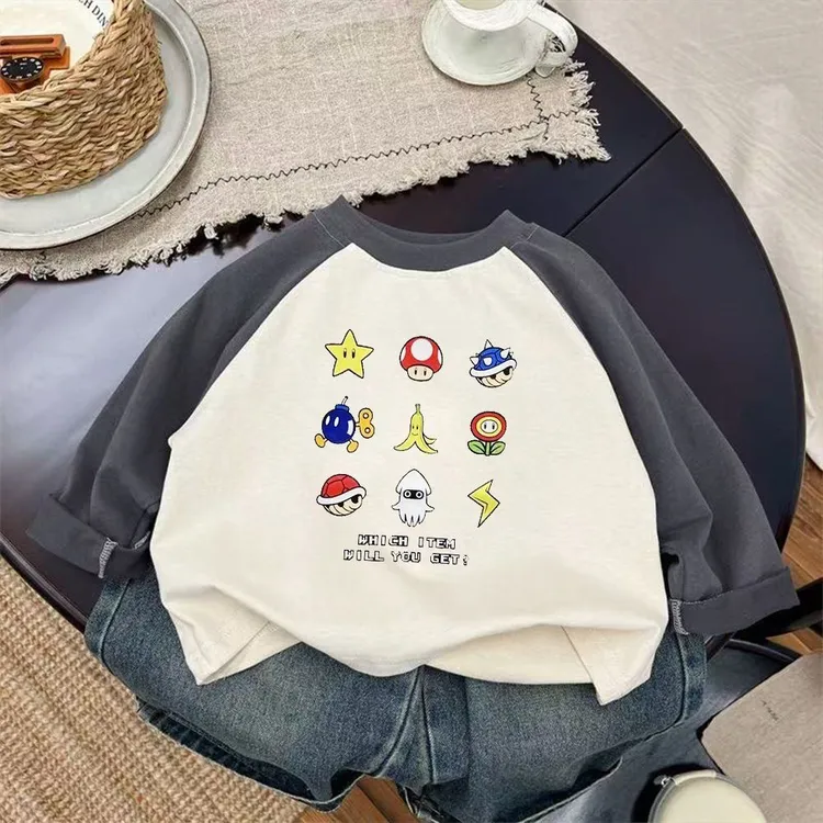 卡通衣服春秋男童长袖超级马力欧100%纯棉t恤女童可爱超萌儿童ins