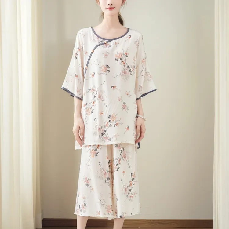 夏季棉绸睡衣女超薄家居服套装透气宽松大码女短袖新中式国风睡衣