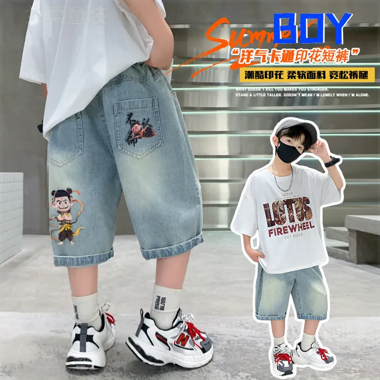 亚麻花苞连裤宝宝露背新款男童薄款短裤裤子潮范牛仔中大童休闲装