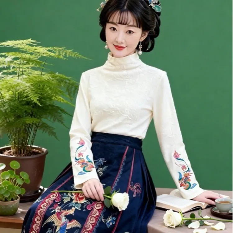 【锦绣江南】秋季新款新中式半高领上衣T恤中国风气质长袖打底衫
