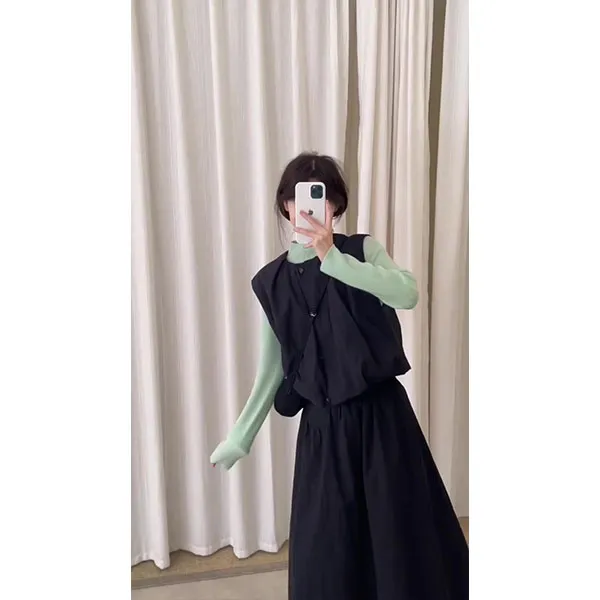 韩系温柔多巴胺穿搭打底衫花苞马甲半身裙三件套女秋季高级感套装