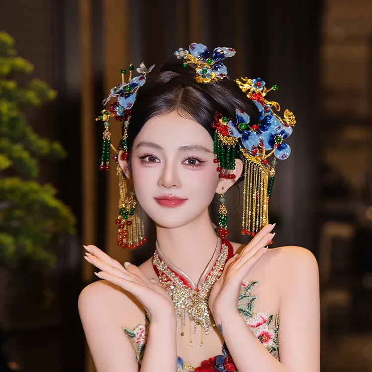 合金婚庆饰品 复古新娘国风新中式秀禾手工旗袍景泰蓝配饰品D0632