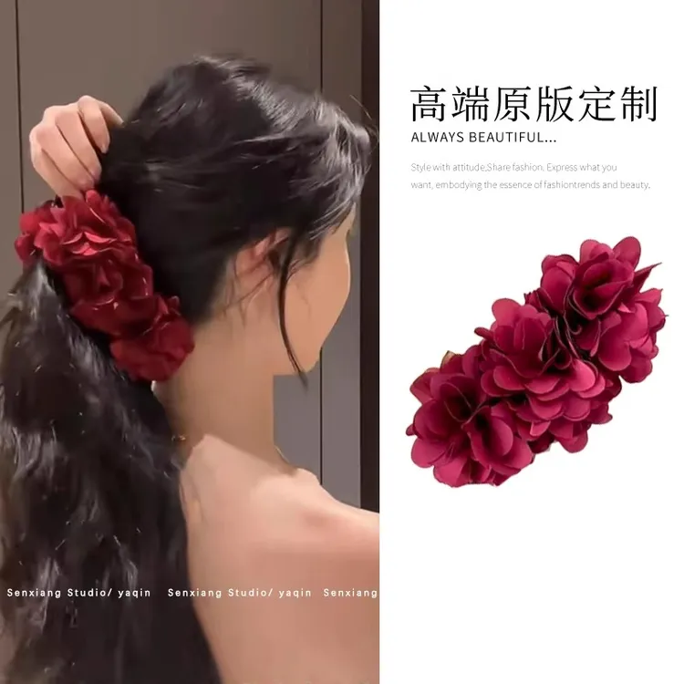 明媚红花~易梦玲同款红色香蕉夹！高级感后脑勺盘发夹发卡女夏