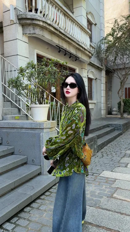 「旷野」新中式时尚立领绿色碎花复古百搭中式提花衬衫宽松气质显瘦