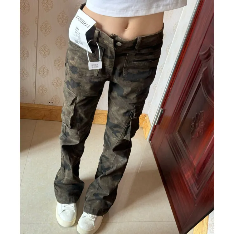 春季美式高街微喇显瘦迷彩工装裤弹力修身牛仔裤复古休闲裤男女款