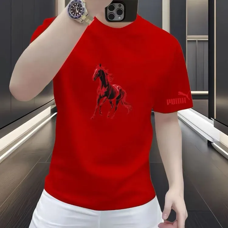 2026马年爆款纯棉骏马印花短袖T恤男士本命年红色高级感体恤上衣