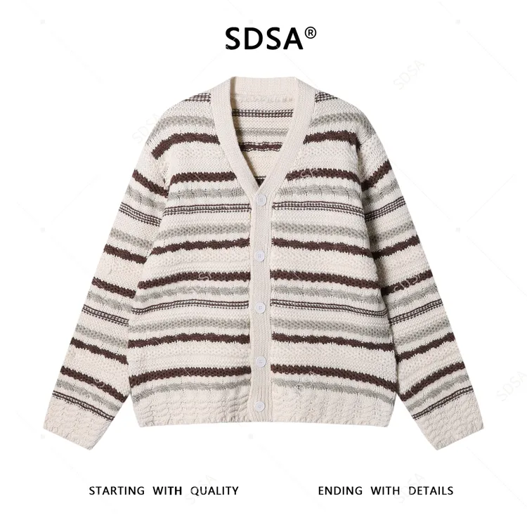 SDSA男士秋冬新款痞帅男装潮牌撞色条纹针织衫纽扣开衫V领毛衣潮