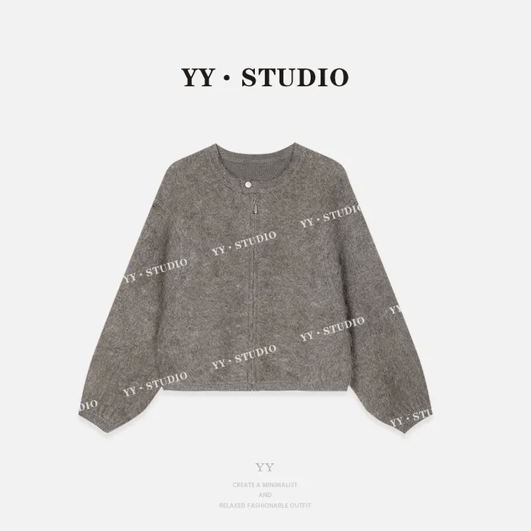 【YY·studio】咖色毛衣开衫女秋季新款圆领长袖针织衫外套9057