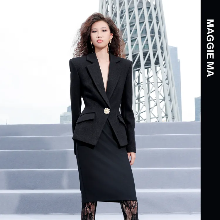MAGGIE MA马婧「黑韵珠裁」设计师款正肩收腰显瘦套装583C/646B