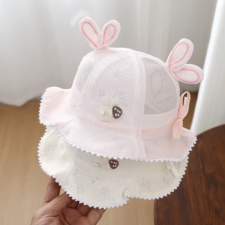 婴儿帽子夏季薄款渔夫帽女宝宝公主帽可爱甜美小兔防晒遮阳帽新款