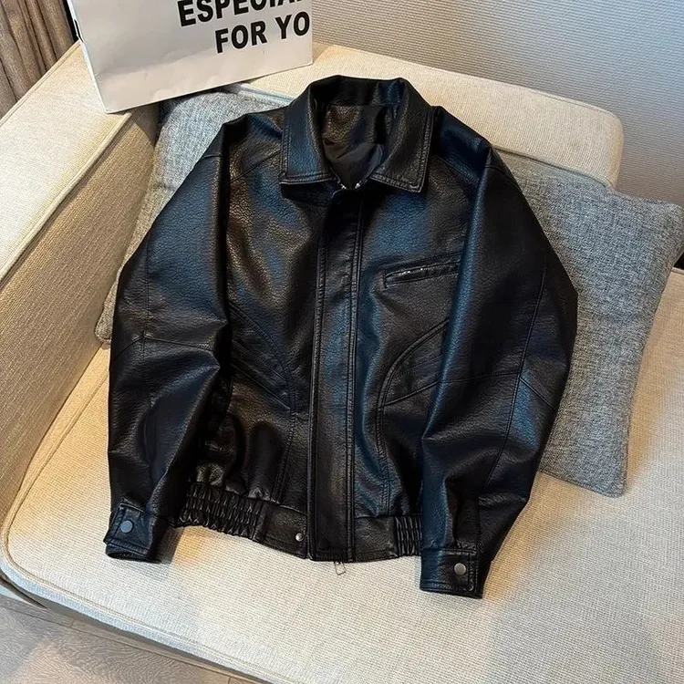 男士皮衣外套春秋季2026新款翻领潮牌痞帅派克服男款机车服皮夹克