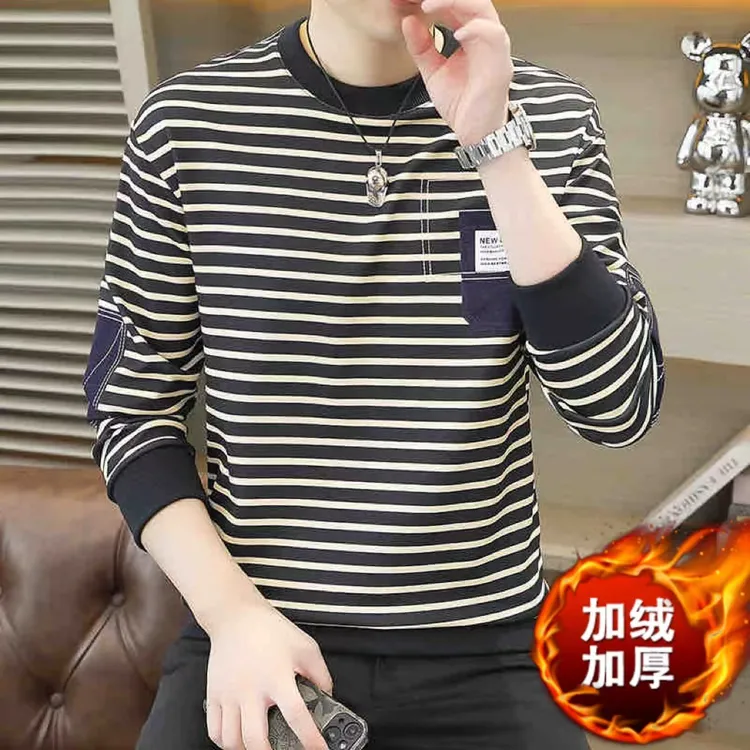 秋冬季男士加绒长袖卫衣休闲潮流圆领条纹百搭打底衫加厚保暖上衣