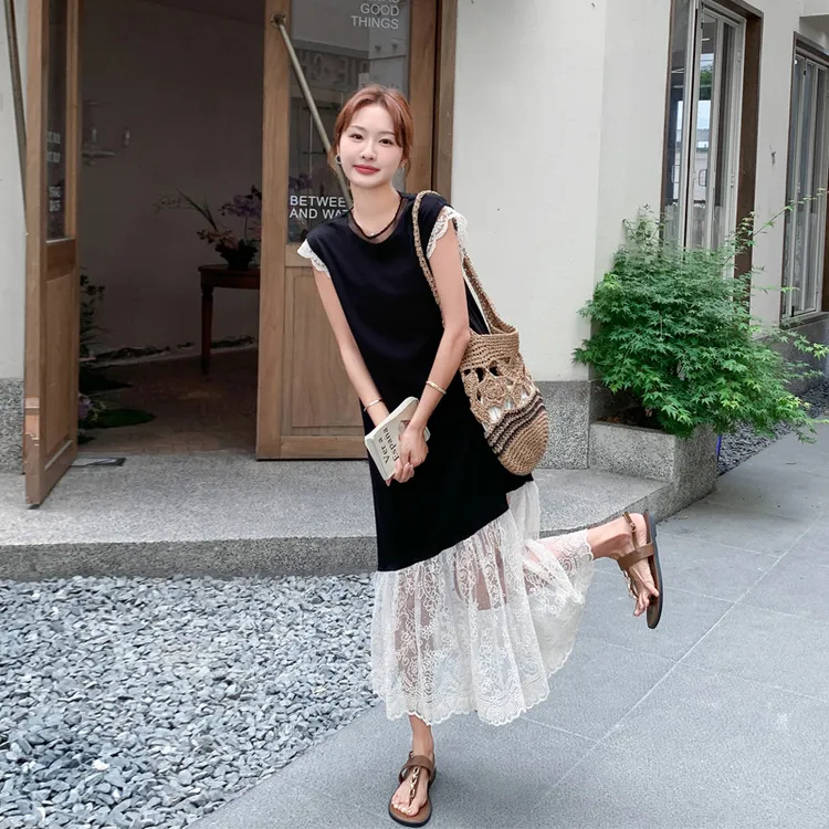 复古法式赫本风连衣裙女2025夏季新款氛围感浪漫风蕾丝拼接鱼尾裙