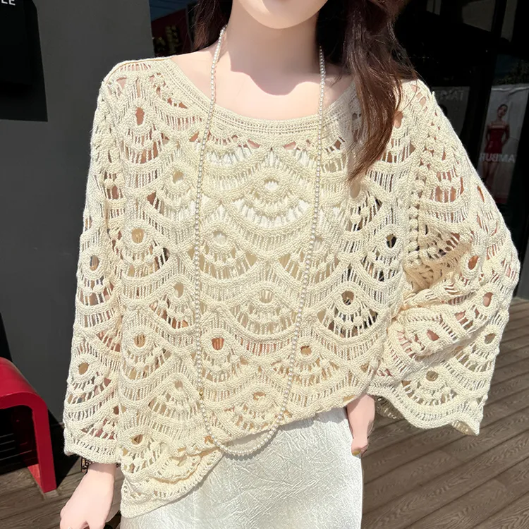 法式度假风镂空提花设计感唯美罩衫女2025夏季新款钩花毛衣上衣