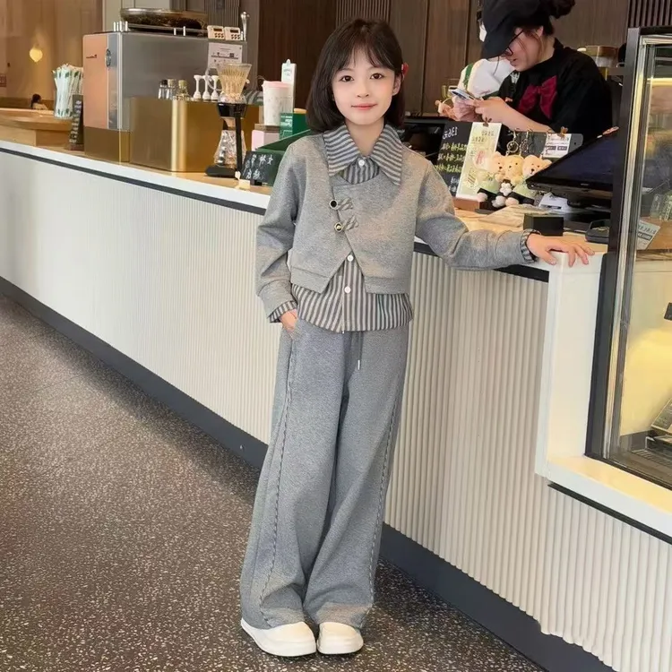 女童套装2025春秋新款洋气儿童拼接条纹假两件上衣阔腿裤两件套潮