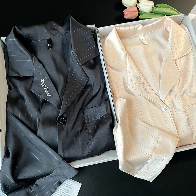 轻奢条纹春秋冰丝睡衣男女情侣款夏季长袖长裤灰色高级感家居服