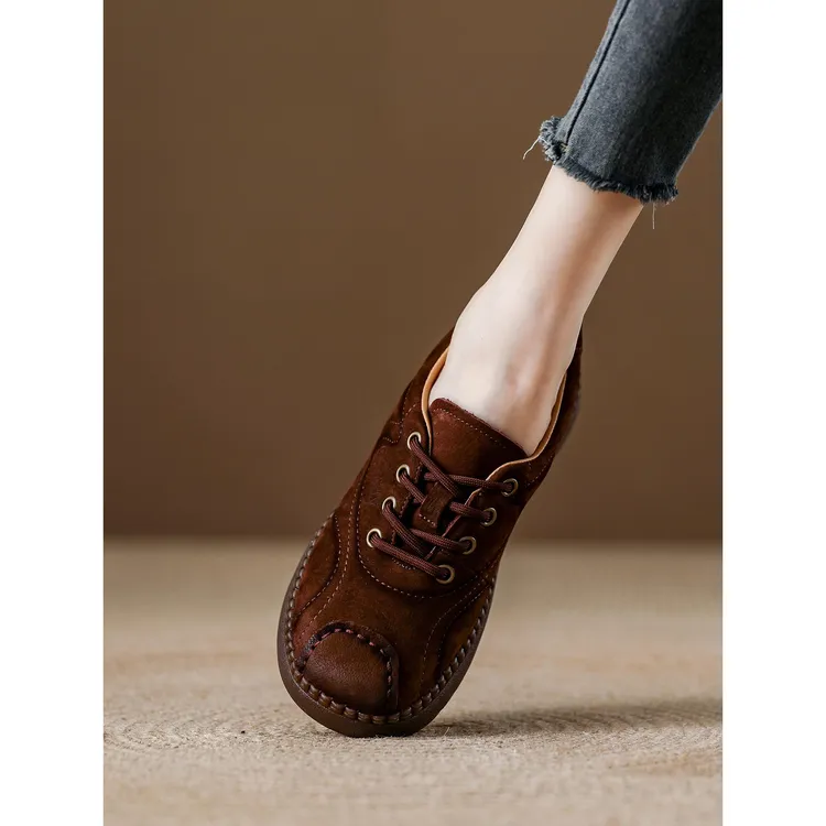 真皮复古系带小皮鞋女2025秋季新款女鞋头层牛皮圆头软底妈妈鞋子