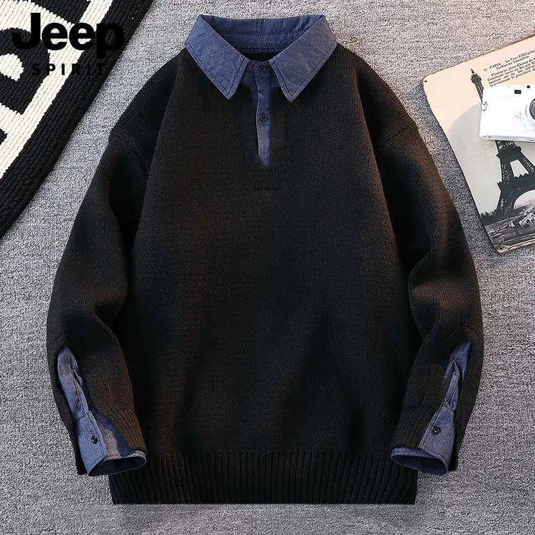 JEEPSPIRIT吉普秋冬季男士假两件毛衣潮流宽松衬衫领男针织衫男款