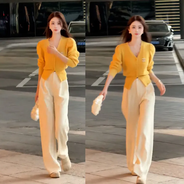 韩系早秋穿搭一整套高级感气质软糯针织开衫阔腿裤休闲两件套装女