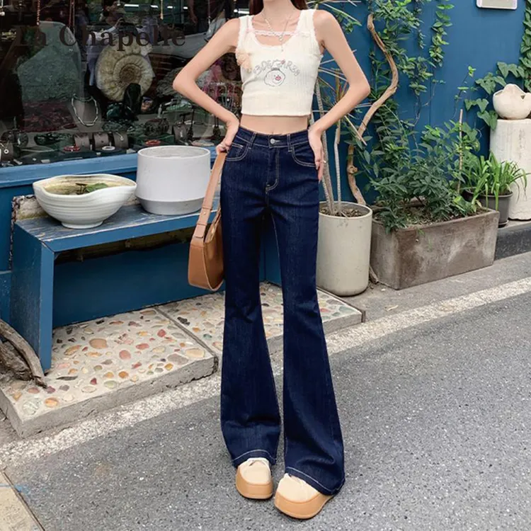 拉夏贝尔美式深蓝色微喇牛仔裤女2025新款高腰显瘦修身喇叭裤裤子